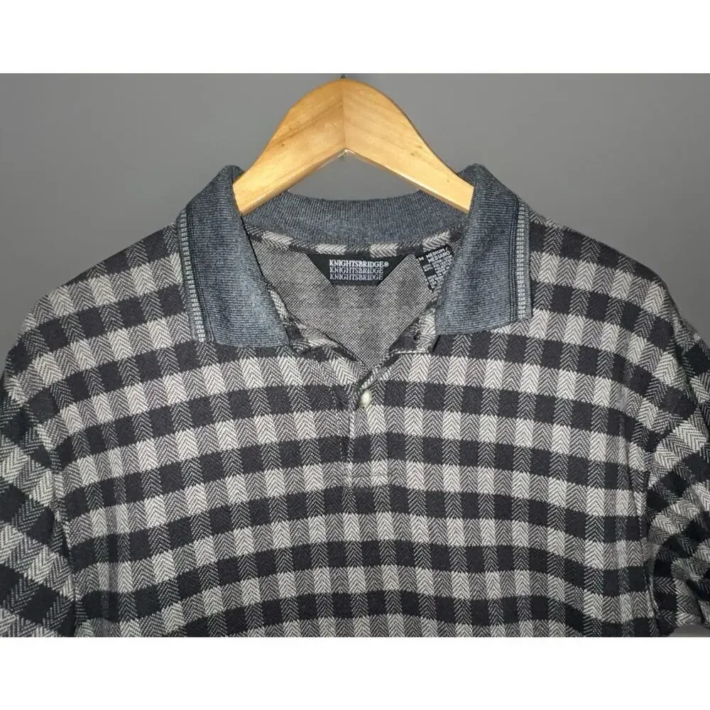 Knightsbridge Black Gray Plaid Knit Longsleeve Polo Shirt Mens M Contrast Trim - Picture 3 of 10